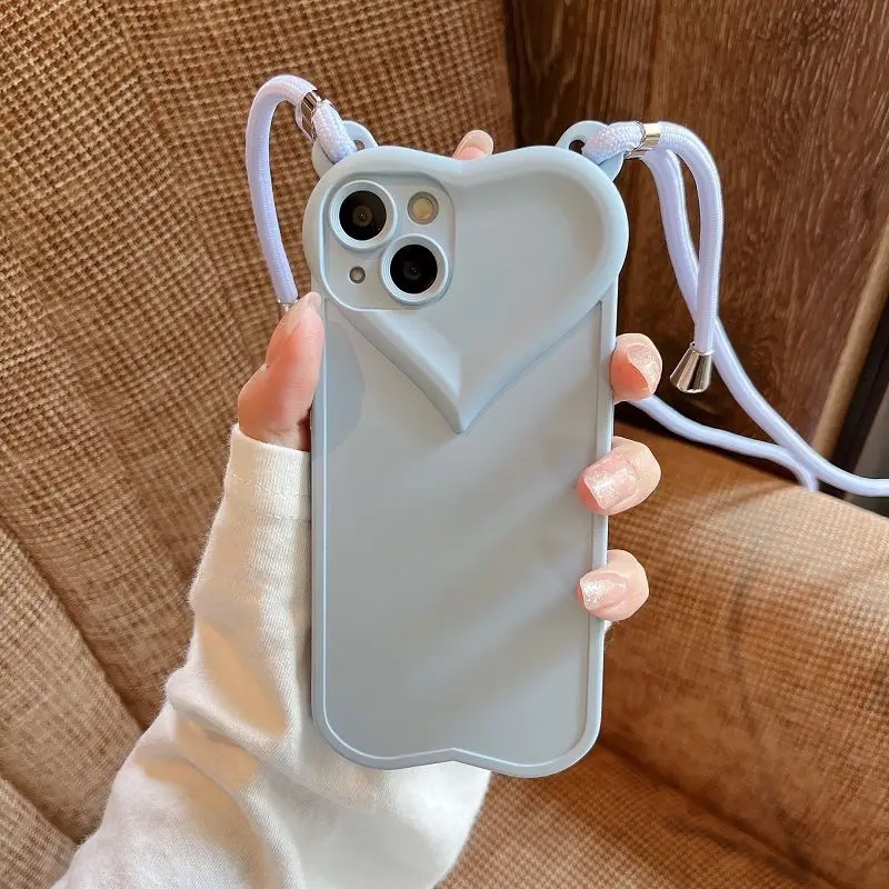 

3D Love Heart Crossbody Lanyard Shockproof Silicone Cover Strap Cord Soft Case For iPhone 14 13 12 11 Pro Max XS XR X 7 8 Plus