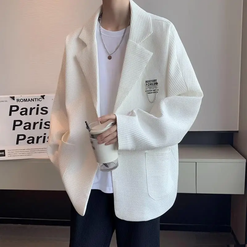 

[3-piece set] Elegant high street suit men's waffle jacket + bottoming shirt + pants loose ruffian handsome casual gentle suit