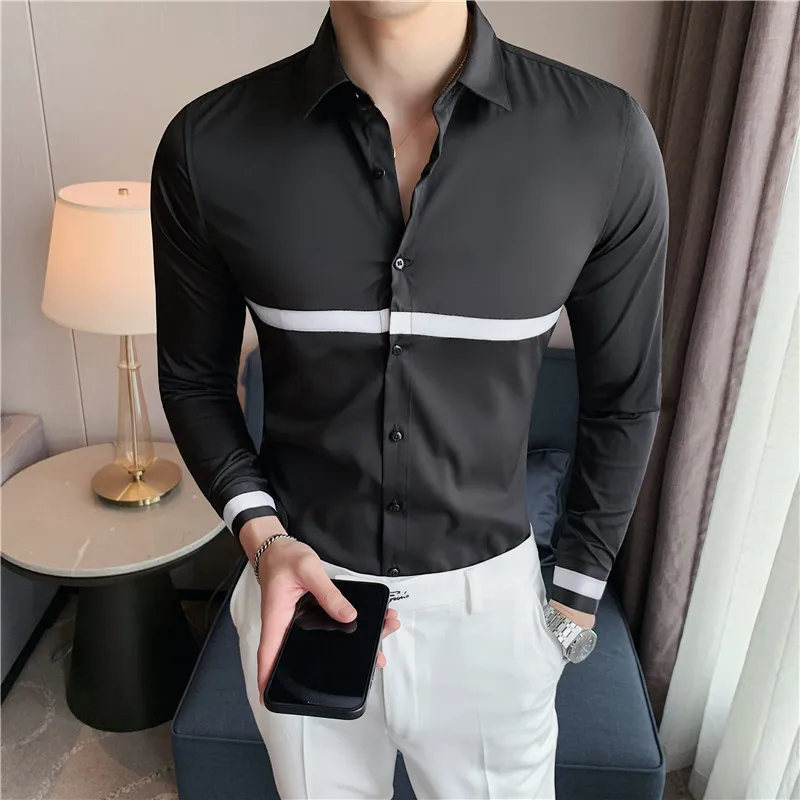 

2022 Spring Contrasting Colors Men's Shirts Casual Slim Fit Business Formal Dress Shirt Social Party Office Camisas Para Hombre