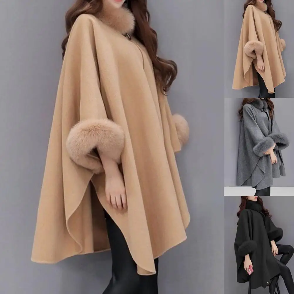 

Loose Faux Fur Collar for Daily Wear Solid Color Women Cape Coat Autumn Winter Poncho Coat Warm Loose-fitting Mid-length for Dai
