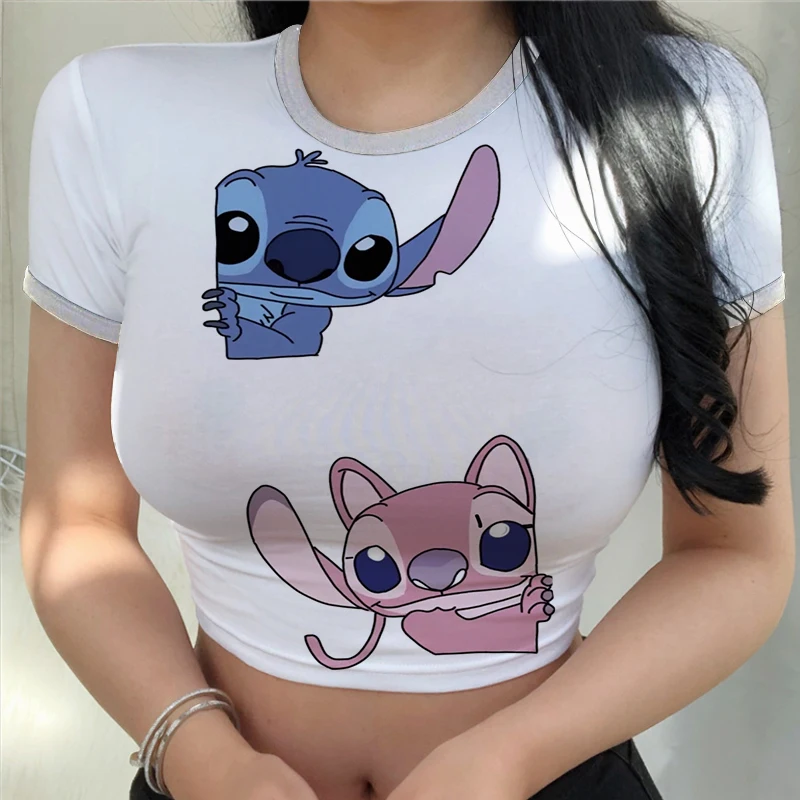 New Disney Stitch Printed Ultra-short T-shirt Women's Fun Short Belly Button Personality Anime Round Neck Top Summer