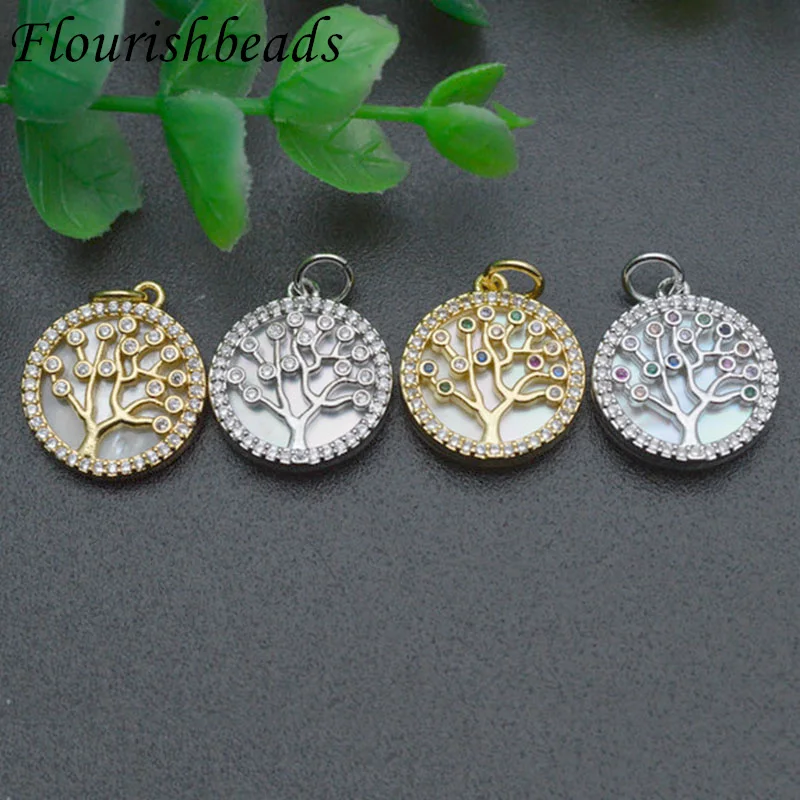 10pc/lot Wholesale Gold Plated Natural Rainbow White CZ Pave Copper Round Life Tree Mother of Pearl MOP Shell Charms Pendants