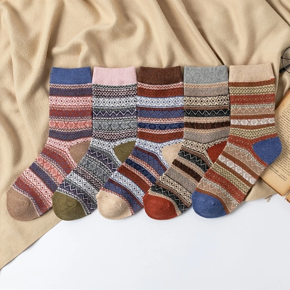 2022 New Winter Coffee Color Striped Rabbit Wool Socks for Women Cute Fashion Thickened Warm Ethnic Style Women Socks