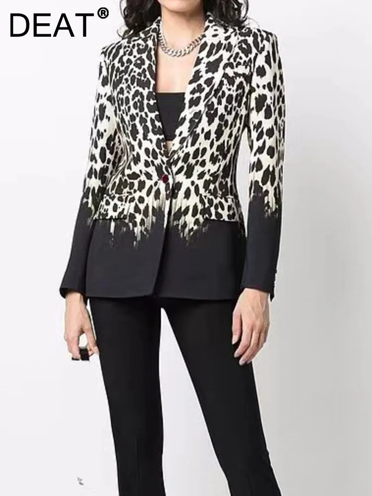 DEAT fashion women's blazer notched collar slim single button Gradient color leopard suit jackets autumn 2023 new tide 17A4078