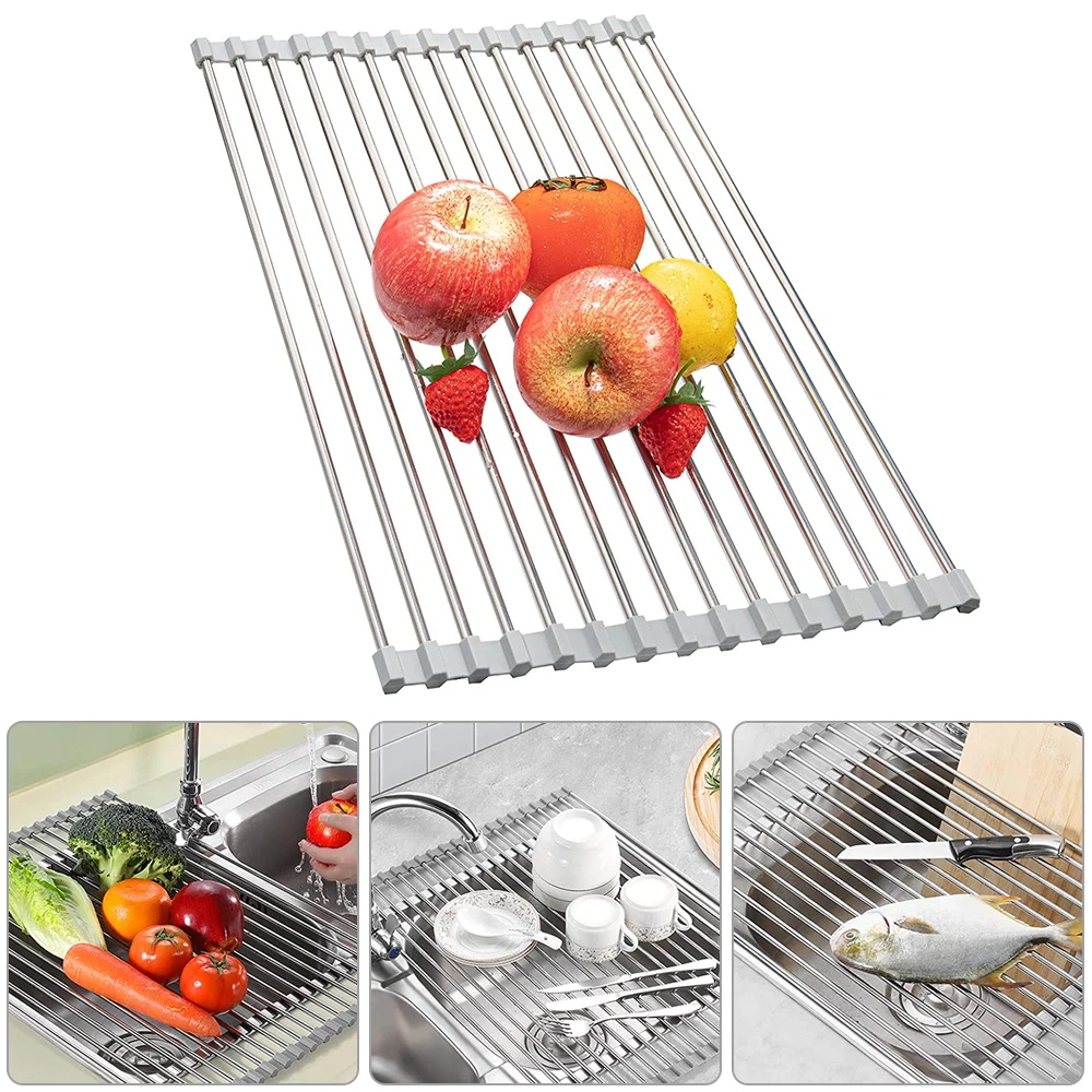 

Dish Drying Rack Multipurpose Over The Sink Roll-Up Drying Rack Stainless Steel Foldable Dish Drying Rack Kitchen Organizer