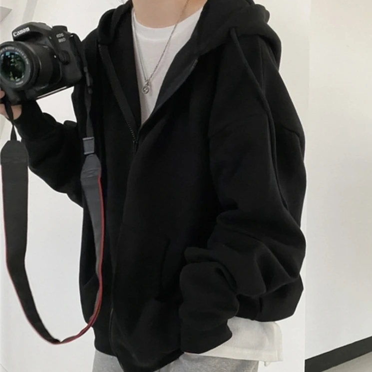 

Женские толстовки в стиле Харадзюку, Корейская версия, однотонные толстовки на молнии, куртка, ретро флисовый свитшот с длинным рукавом и ка...