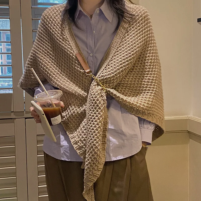 Женская Вязаная Шаль на осень и зиму новинка кожаная большая треугольная накидка