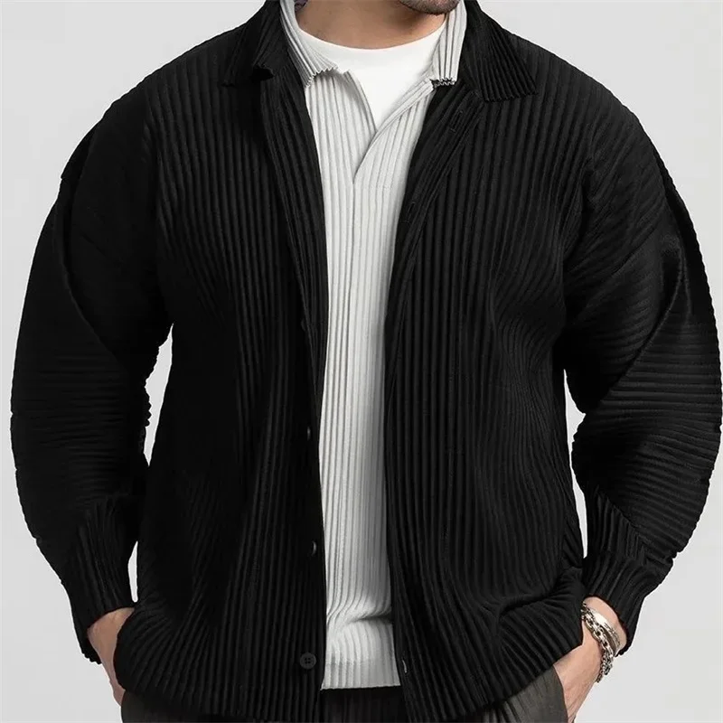 

Issey Miyake Men's Pleated Shirts 2023 Spring Japanese Loose Casual Crepe Striped Long Sleeve Cardigan Tops For Men and Women