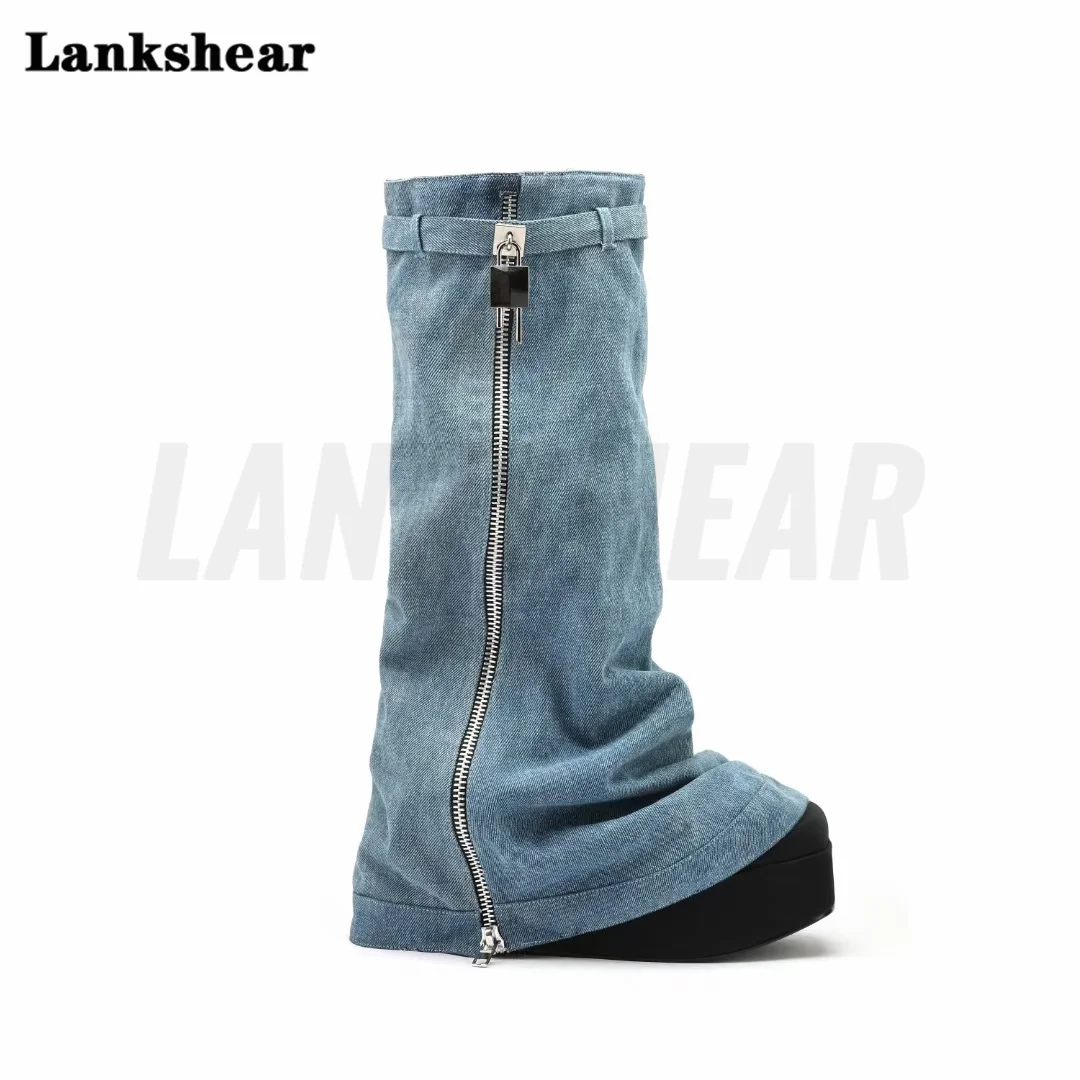 

Denim Sharks Boots Women New In Thick Sole Turned-over Edge Hot Long Shoes Round Toe Platform Height Increasing Boots Biker Boot