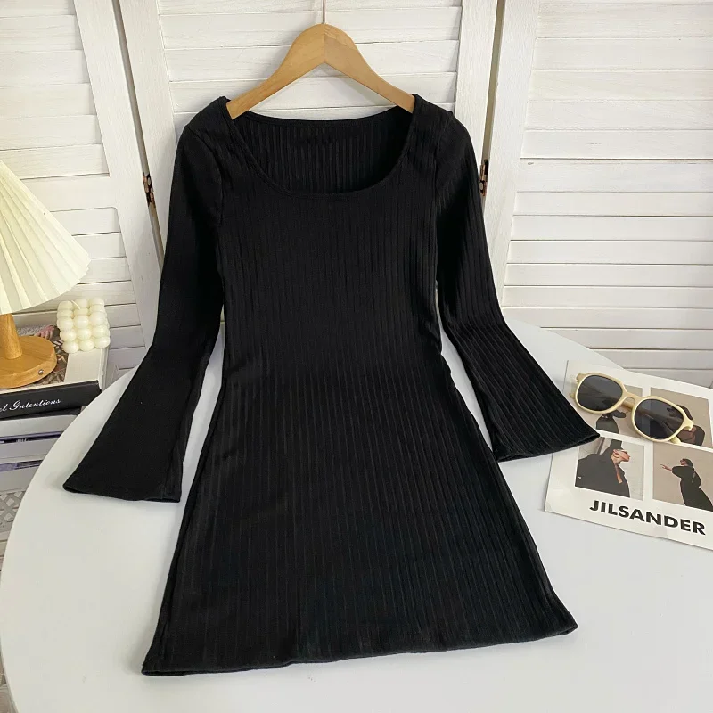 

2023 Autumn Fashion Women Solid Color Dress Basics Round Neck Long Sleeve Slim Hip Mini Dresses Women