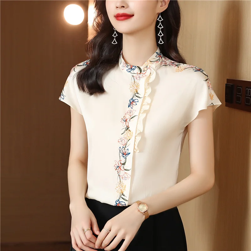 Fashion O-Neck Printed Spliced Ruffles Shirt Women's Clothing 2023 Spring New Casual Tops Loose Office Lady Blouse