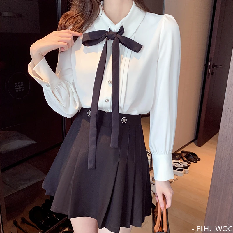 

Ruffled Autumn Spring Basic Office Lady Work Wear Women Ribbon Bow Tie Button Solid Peter Pan Collar Top White Shirts Blouses