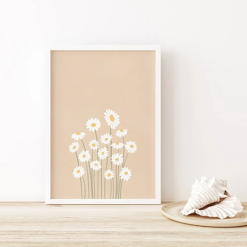 

White and Beige Daisy Neutral Wall Posters Boho Wall Art Print Canvas Painting Flower Wall Pictures Nordic Poster Living Room