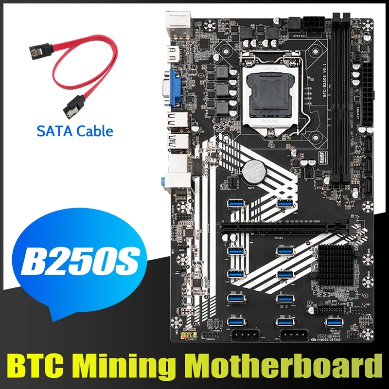 

B250S BTC Mining Motherboard+SATA Cable LGA1151 11XUSB3.0+1XPCIE 16X Slot DDR4 SATA 3.0 USB3.0 for ETH Miner Motherboard