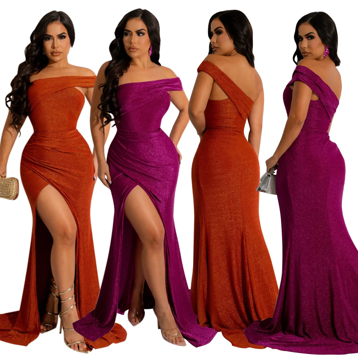 

Sexy One Shoulder High Split Dress Women Birthday Party Dresses Sleeveless Bodycon Asymmetric Maxi Sundress Clubwear Clothes