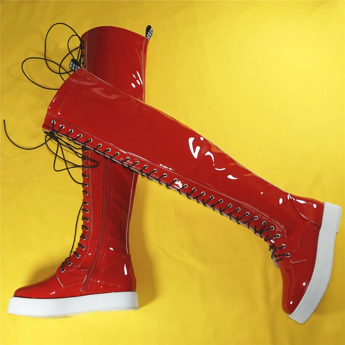 Thigh High Fashion Sneakers Women Lace Up Patent Leather Over The Knee Boots Female Round Toe Chunky Platform Pumps Casual Shoes