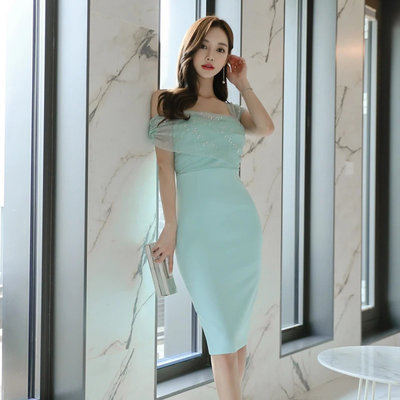 

Women's Summer New Korean Fashion Celebrity High-end Temperament Sexy Slim Inclined Shoulder Sling Hip Wrap Medium Length Dress