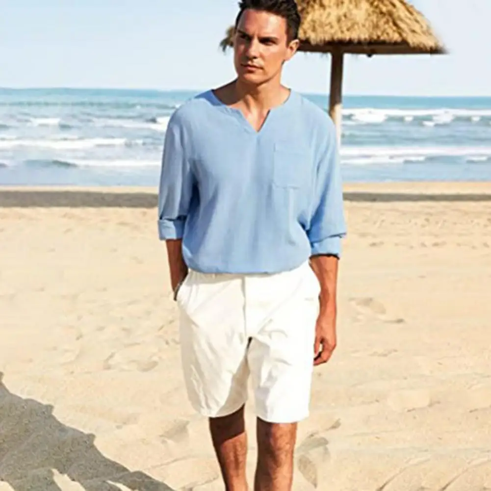 

Solid Color Men T-shirt Youthful Long Sleeves V Neck Men Tops Quick Dry Patch Pocket Summer Tops Anti-pilling Loose Summer Tops