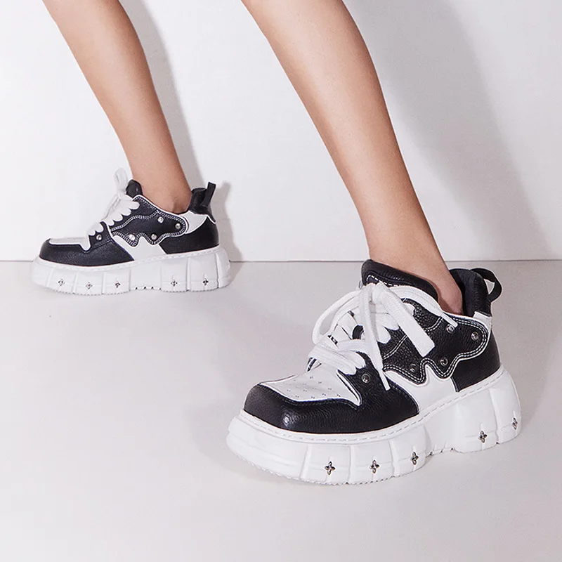Spring Square Toe Show Feet Small Casual Women's Thick Bottom Increased Skateboard Shoes Butterfly Sneakers Rivet Embellished
