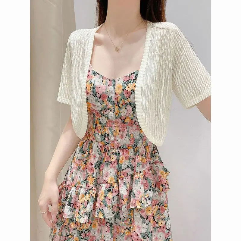 Кардиган с газовым каркасом для женщин завязка коротким рукавом открытым одежда