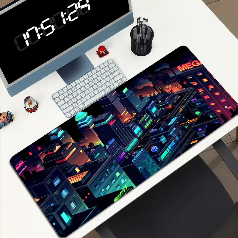

Xxl игровой коврик для мыши Pixel Neon City, игровой Настольный защитный коврик для мыши, аксессуары для компьютеров, коврики для клавиатуры