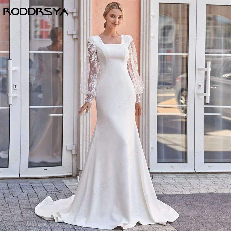 

RODDRSYA Civil Square Neck Mermaid Wedding Dresses Lantern Sleeves Tulle Bridal Gowns Satin robe de mariée bohème Custom Made