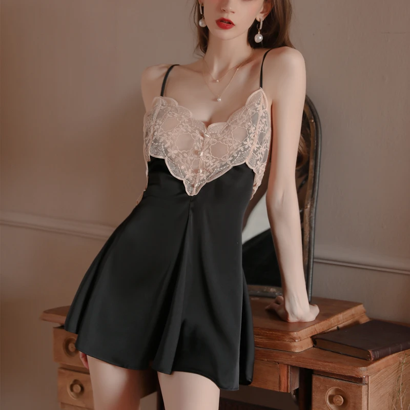 Stain Sleepwear Sexy Lingerie for Women Autumn with Lace Backless Night Mini Dress Hot Babydoll Silk Nightgown Nighties Ladies