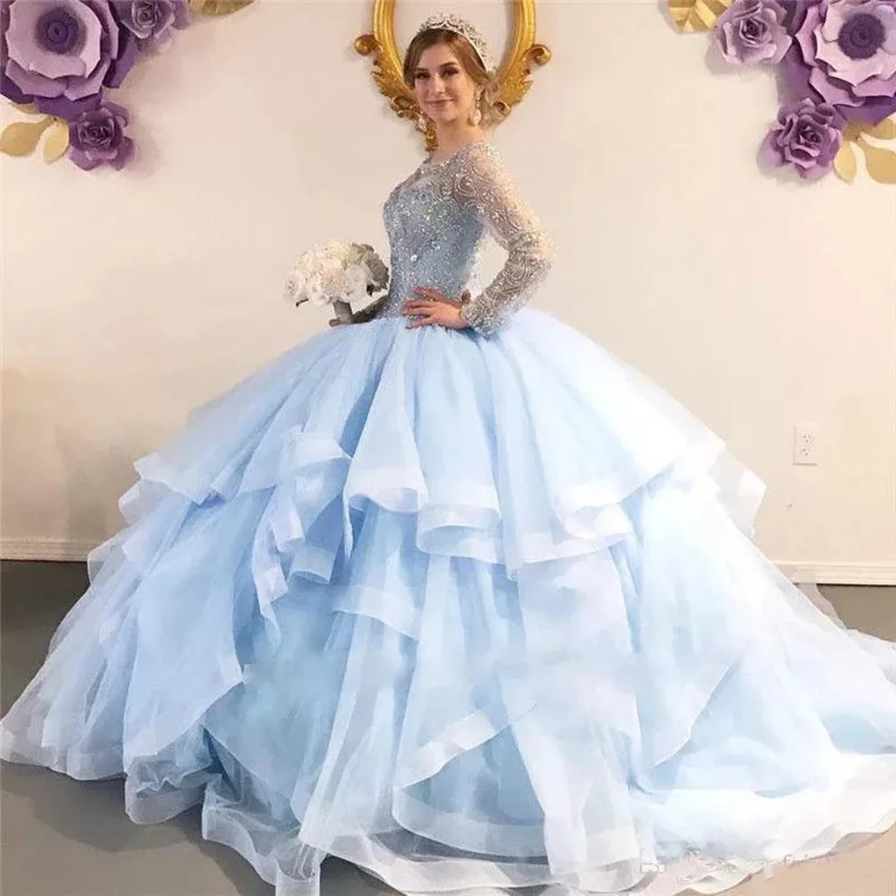 

Light Blue Long Sleeve Quinceanera Dresses Sweet 15 Princess Ball Gown Lace Sequined Beads Tiered Pageant Party Open Back