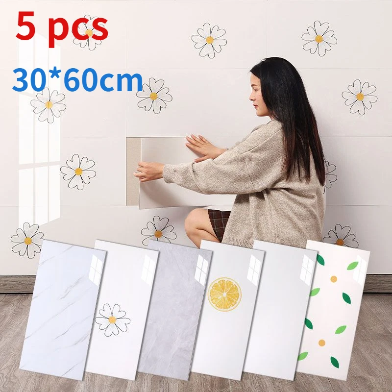 

5pcs Marble Tile Wall Stickers PVC Self Adhesive Waterproof Wallpaper Living Room Bedroom Bathroom Floor Background Wall Decor