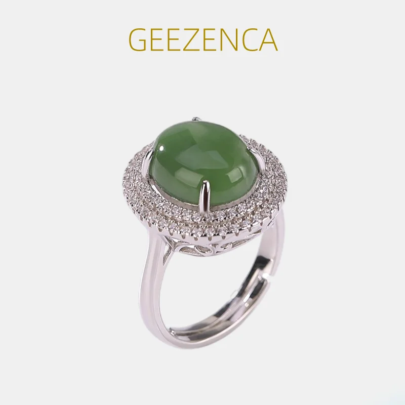 

GEEZENCA Oval Jasper 925 Sterling Silver Rings For Women Zircon Green Jade Luxury Classic Trendy Ring 2023 New Favourite Gift