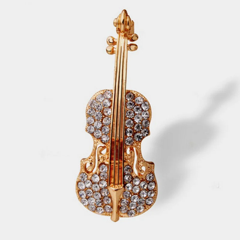 

New Electroplated Metal Rhinestones Violin Brooches for Women Fashion Elegance Temperament Lapel Pins Coat Jewelry Accessories