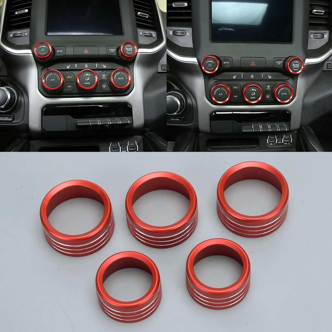 

5pcs Car Center Console AC Radio Switch Knob Ring Cover Trim Aluminum Alloy Fit For Dodge Ram 1500 2020 2019 2018