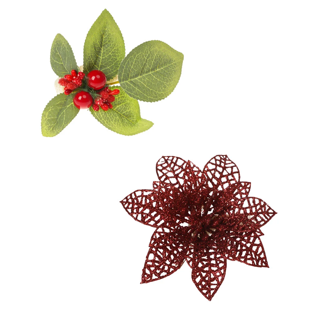 

Napkin Rings Christmas Serviette Holder Ringpoinsettia Decor Table Holders Buckles Buckle Flower Setsilver Red Party Decors