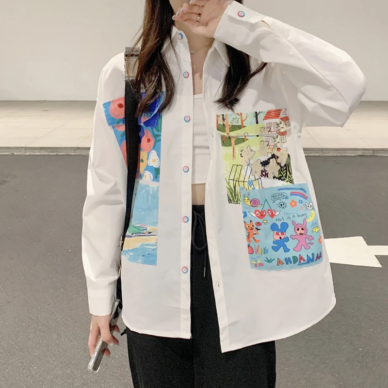 

Cute Chic Floral Printing Shirts For Women Fashion Spring 2022 New Oversized Y2k Long Sleeve Blousers Female Ins Tide Street