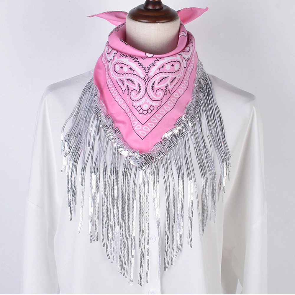 

Hip Hop Triangle Scarf Paisley Headband Sequins Head Scarf Fringe Bandanas Neckerchief Bling Silver Tassel Scarves Neckerchief