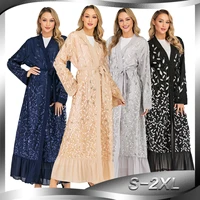 middle eastern lace cardigan long coat woman sequined leaf embroidery muslim robes windbreaker fashion maxi trench coat