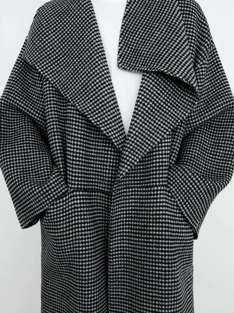 Lapel Thousand Bird Plaid Double-Sided Woolen Long Coat+Scarf Vintage Long Sleeve Cardigan Autumn Winter Style