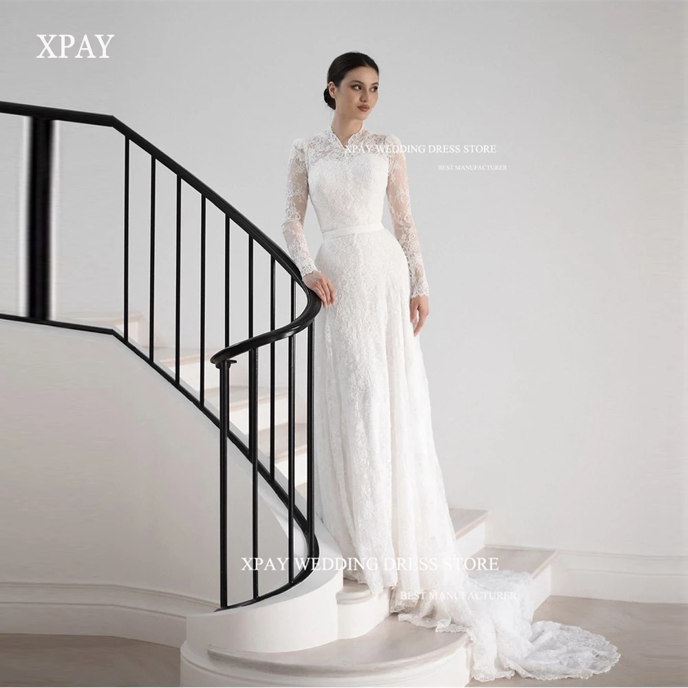 

XPAY Modest A Line Full Lace Wedding Dresses Long Sleeves High Neck Sweep Train Ribbon Sash Arabic Women Classic Bridal Gowns