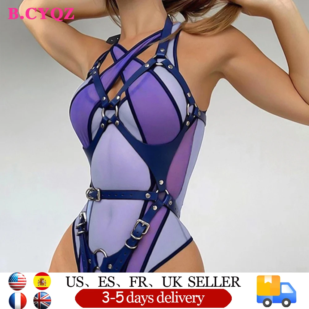 B.CYQZ Sexy Lingerie Harness Bdsm Full Body Bondage Goth PU Leather Accessories Suspenders Women Tights Clothing Rave Underwear