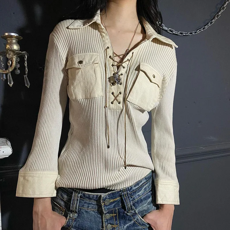 

Dourbesty Harajuku y2k 2000s T-Shirt Women Turn Down Collar Long Sleeve Top Grunge Vintage Lace Up Bandage T Shirt with Pockets