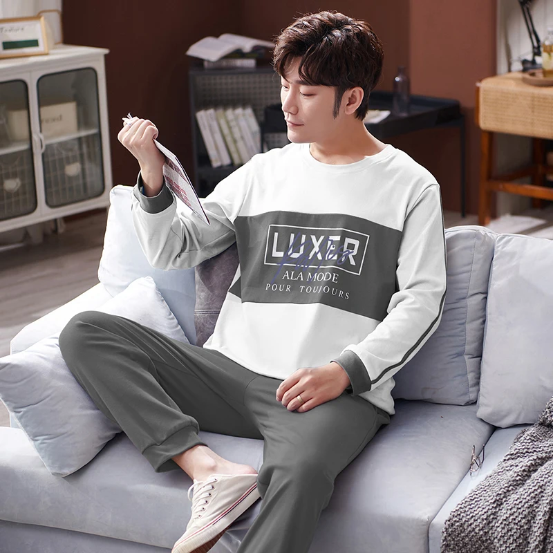QUHENG Autumn Youth Pure Cotton Round Neck Long-sleeved Trousers Suit Men's Alphabet Simple Pajamas 2-pieces  Home Clothes