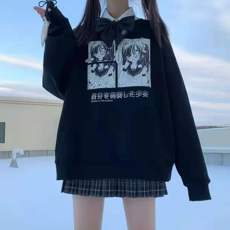 

Японские толстовки с принтом Egirl, женский зимний модный пуловер с длинным рукавом, уличная одежда, повседневный черный Свитшот с круглым выр...