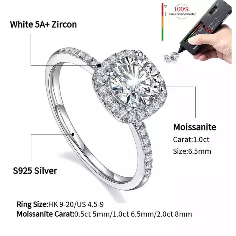 Real Moissanite 925 Sterling Silver Ring For Women Square Round 1CT 2CT 3CT Brilliant Diamond Finger Band Wedding Jewelry Gift images - 6