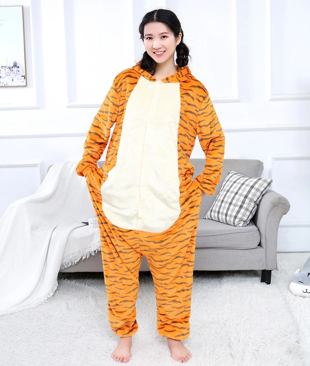 Winter Animal Pajamas Tiger Sleepwear Kids Kigurumi Family Onesie Pajamas Sets Women Men Unisex Adults Flannel Nightie Overalls