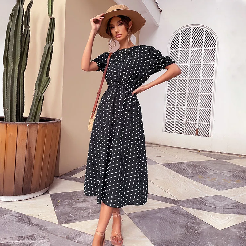 

Bodycon dress for wom2022 new European and American mid length skirt temperament retro women's dress black wave point slim dress