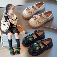 girls black loafers 2022 summer new children fashion flowers metal performance round toe kids cute korean style casual shoes pu