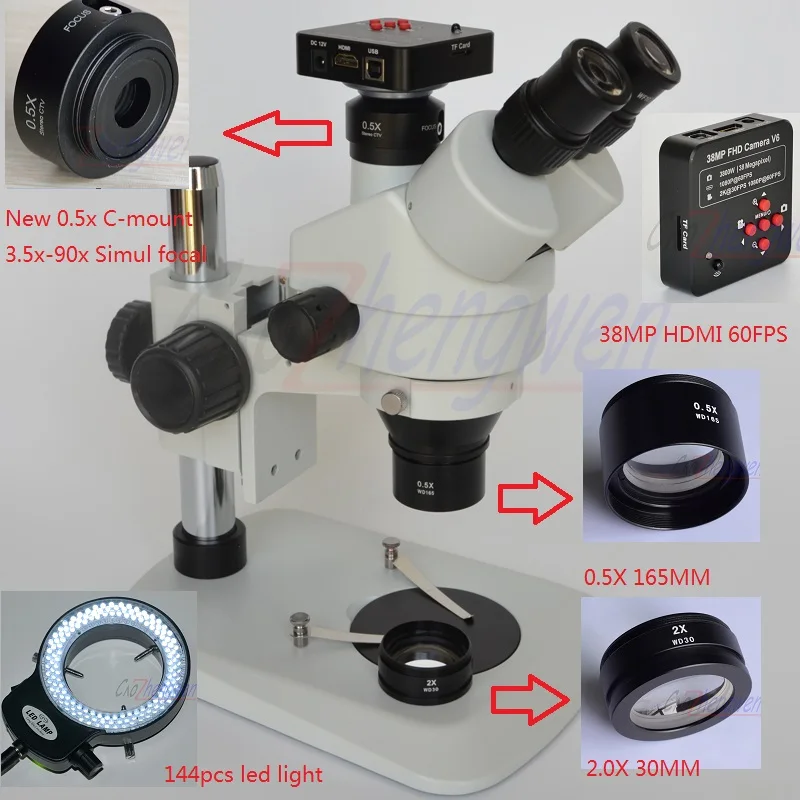 

FYSCOPE 38MP HDMI 60FPS Camera 7X-45X 3.5X-90X Pillar Sector Base Simul Focal Trinocular Stereo Zoom Microscope +144Led