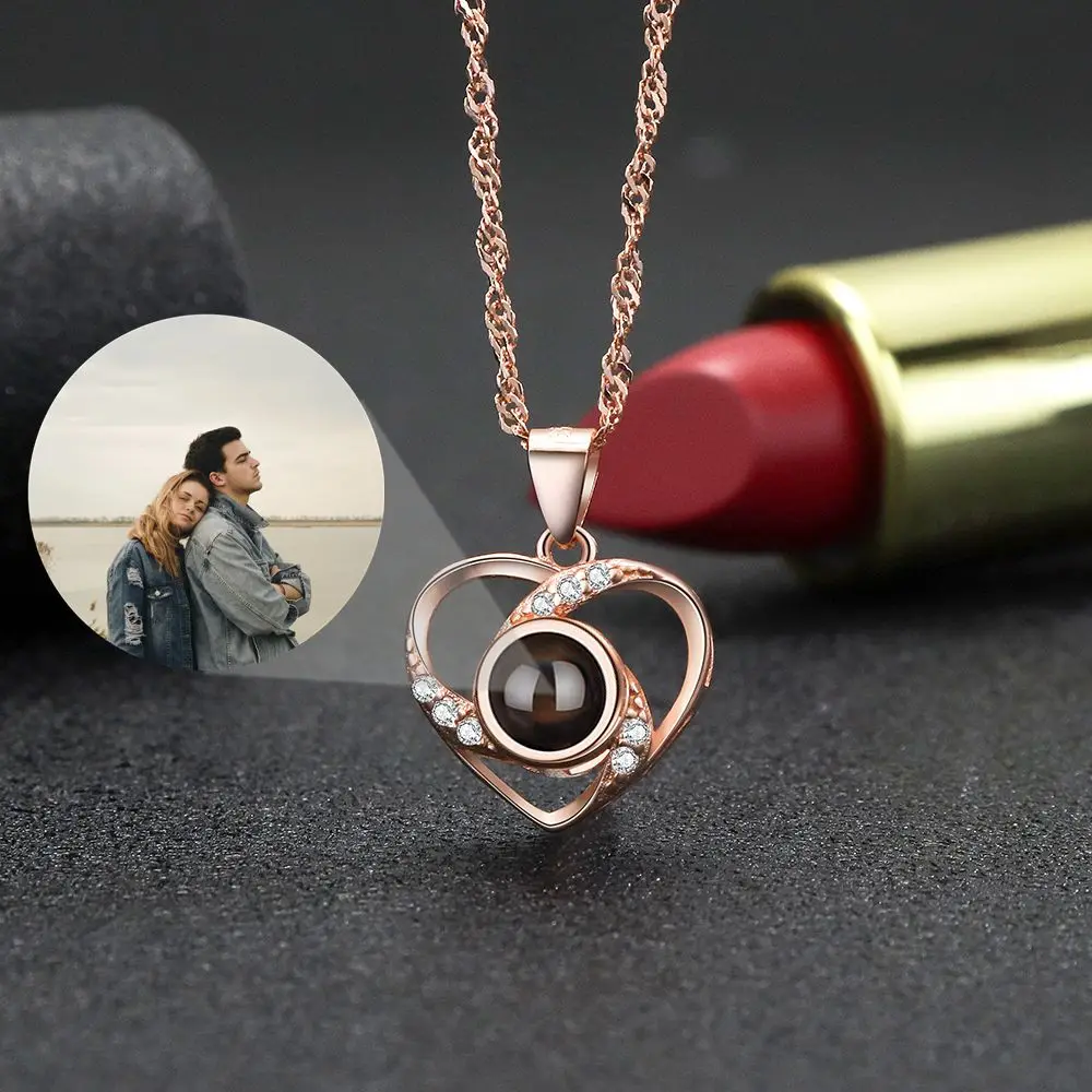 Custom Projection Photo Necklace S925 Silver Heart Pendant Necklace for Women Mother's Day Valentine Day Family Birthday Gift