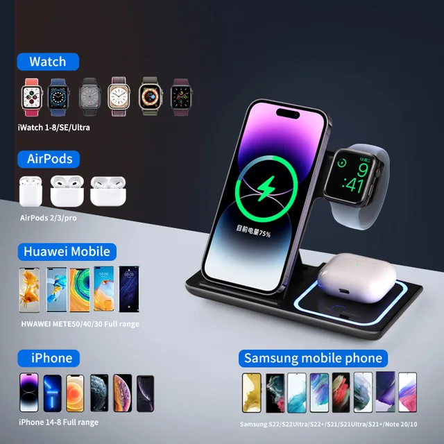 3 in 1 Induction Wireless Charger Stand Qi 15W for IPhone13 12 11 8 Pro XR XsMax Apple Watch SE6 5 4 3 AirPods Foldable Charging 2