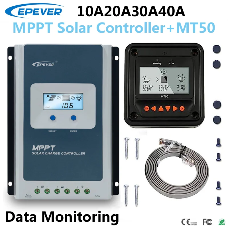 Контроллер заряда солнечной батареи EPEVER MPPT 10A20A30A40A 12 В 24 В, автоматическая поддержка свинцово-кислотной литиевой батареи с монитором MT50 аксессуаров